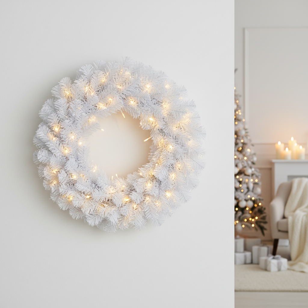 A white artificial Christmas wreath with warm white string lights, mounted on a light gray wall. In the softly blurred background on the right, a decorated Christmas tree and cozy living room setting are visible.