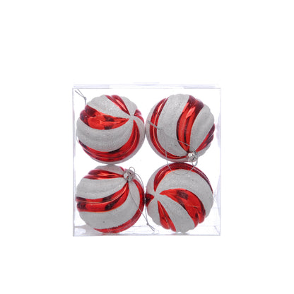 Set of 4 Red and White Candy Cane Christmas Baubles 8cm