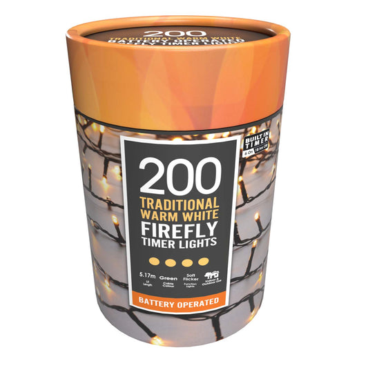 A cylindrical container with 200 battery-operated warm white firefly lights, featuring a timer function and green cables. The container has a festive design with the product name and details visible.