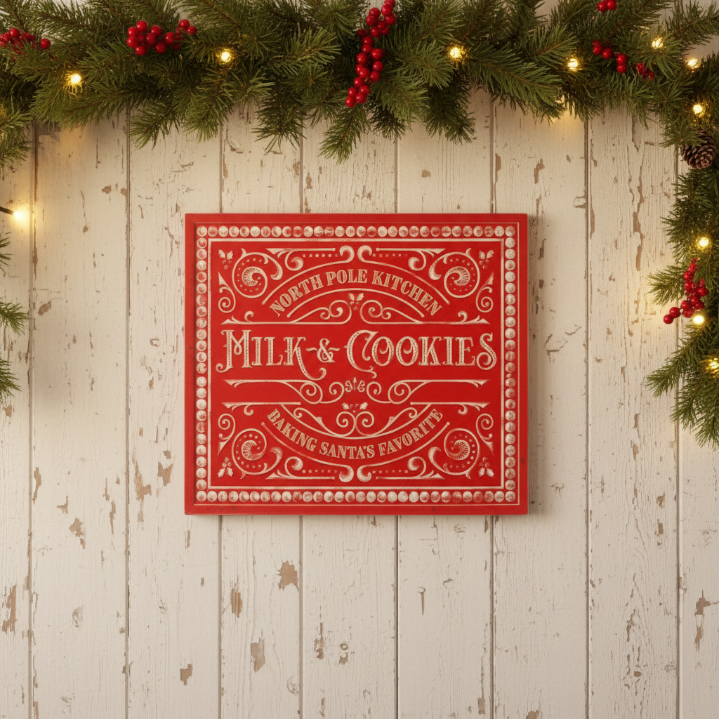 A red metal Christmas wall sign that reads 'NORTH POLE KITCHEN MILK & COOKIES MAKING SANTA'S FAVORITE SINCE 1982' with decorative elements and a white border.