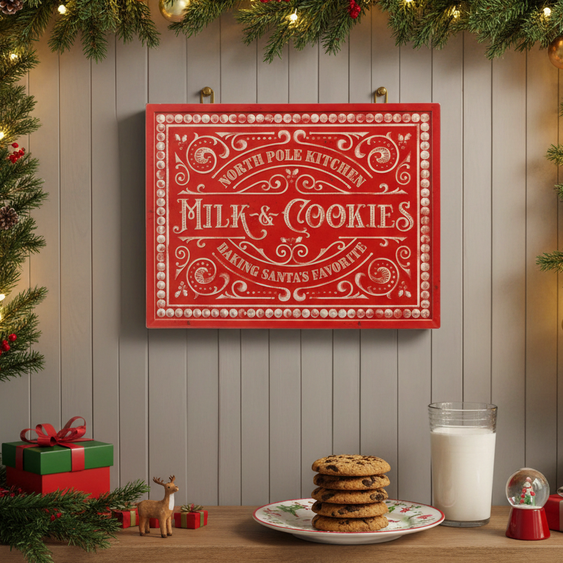 A red rectangular decorative sign with ornate white scrollwork and the text 'North Pole Kitchen Milk & Cookies Baking Santas Favorite' hangs on a gray paneled wall above a table with cookies, milk, holiday greenery, and small gifts.