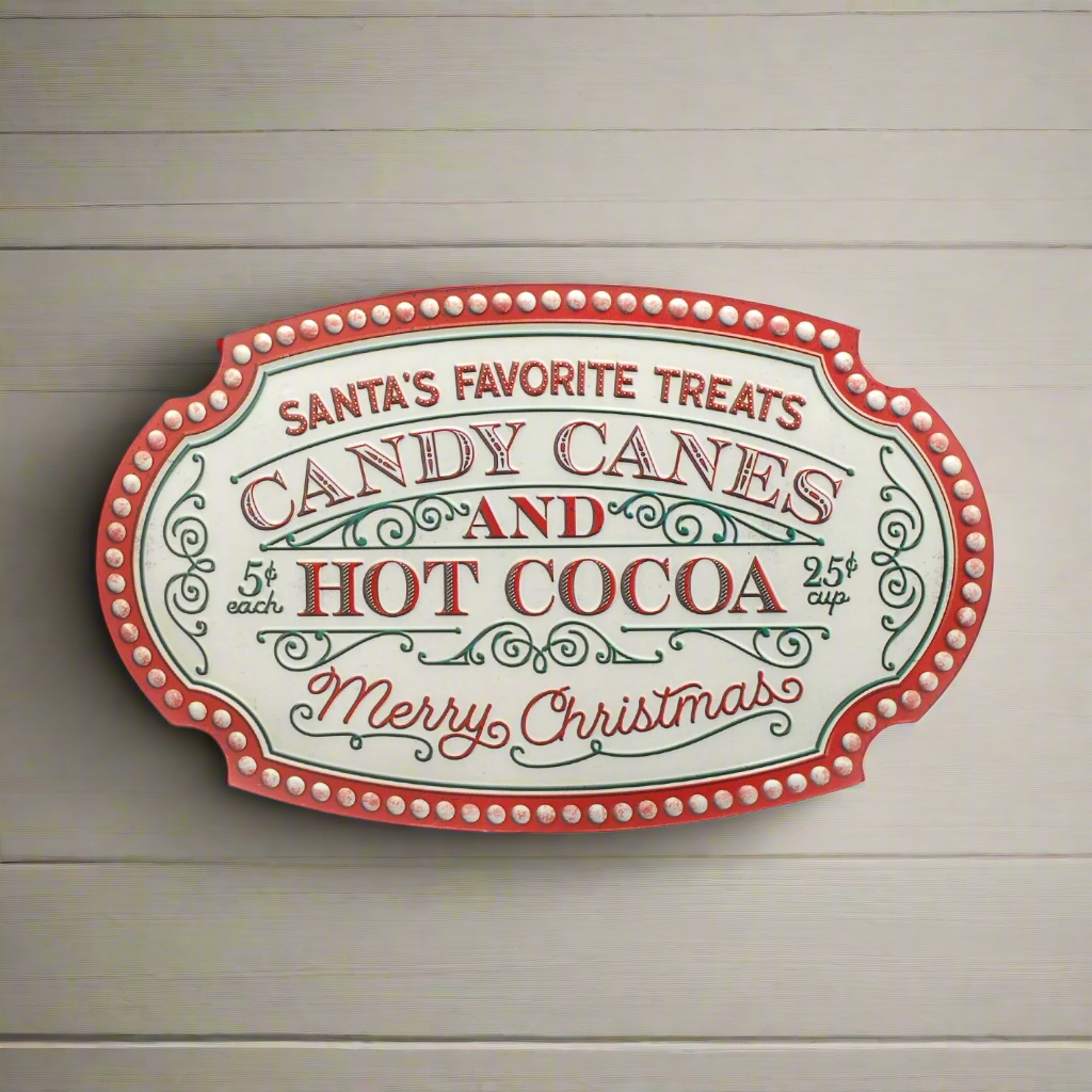 A decorative wall sign featuring the text 'Santa's favorite treats Candy Canes and Hot Cocoa Merry Christmas' in a festive font, surrounded by a red and green border.