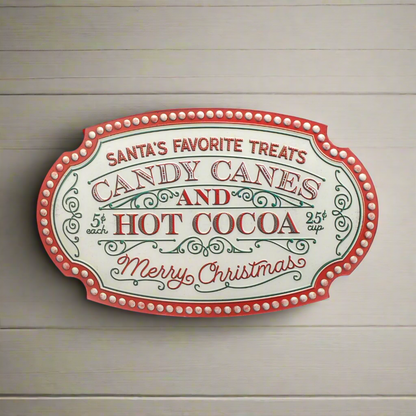 A decorative wall sign featuring the text 'Santa's favorite treats Candy Canes and Hot Cocoa Merry Christmas' in a festive font, surrounded by a red and green border.