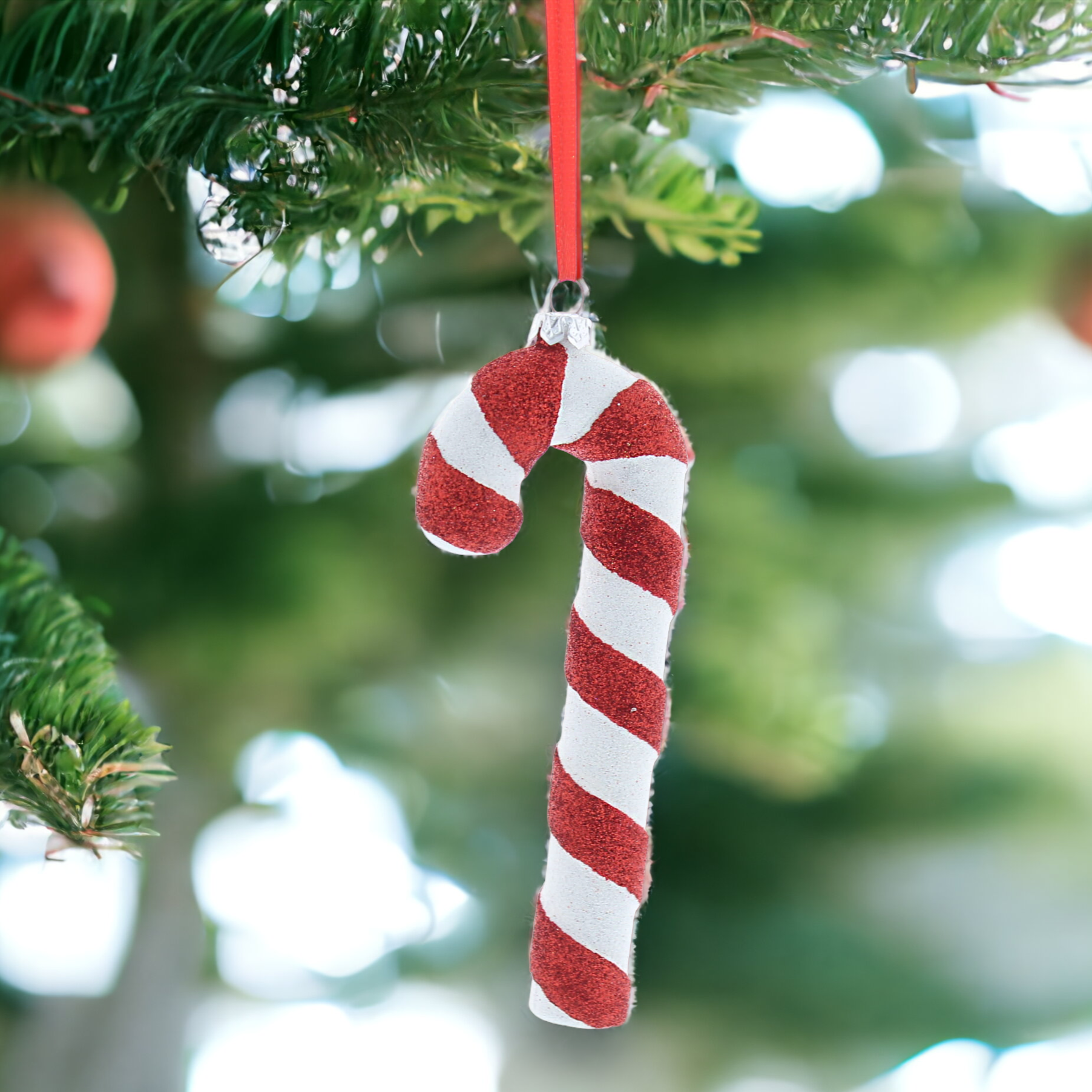 A red and white glittery candy cane hanging from a tree with Christmas balls and green needles in the background.