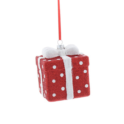 Red and White Glitter Present Hanging Christmas Decoration