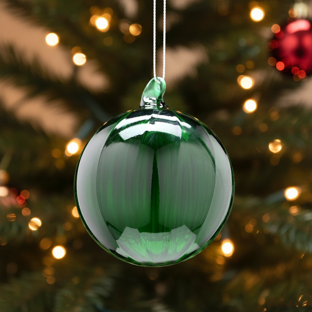 Green glass ornament hanging against a blurred green foliage background