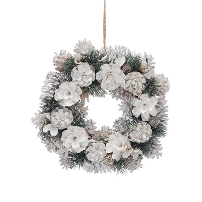 Snow White Flowers and Pinecone Christmas Wreath 36cm