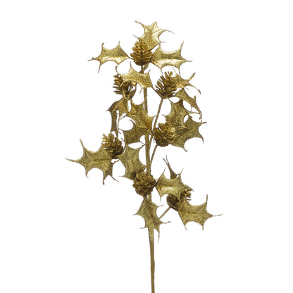 Golden Glitter Holly Christmas Stem Decoration 61cm