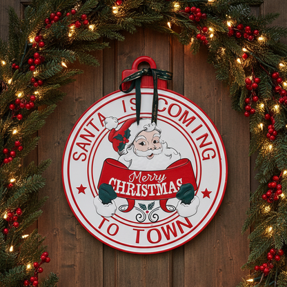 Metal Santa is Coming to Town Round Wall Sign