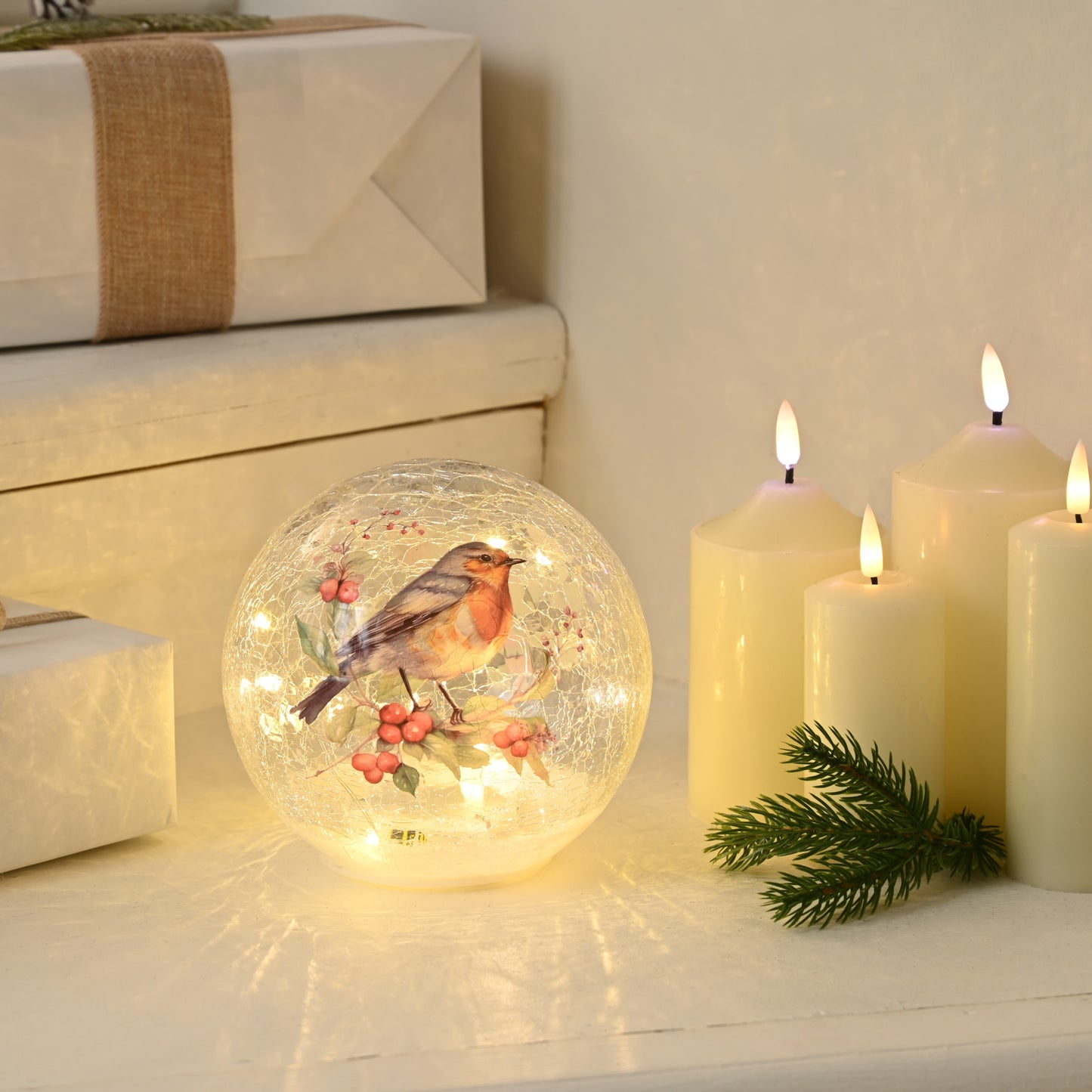 Robin Design Light Up Crackle Ball Christmas Decoration