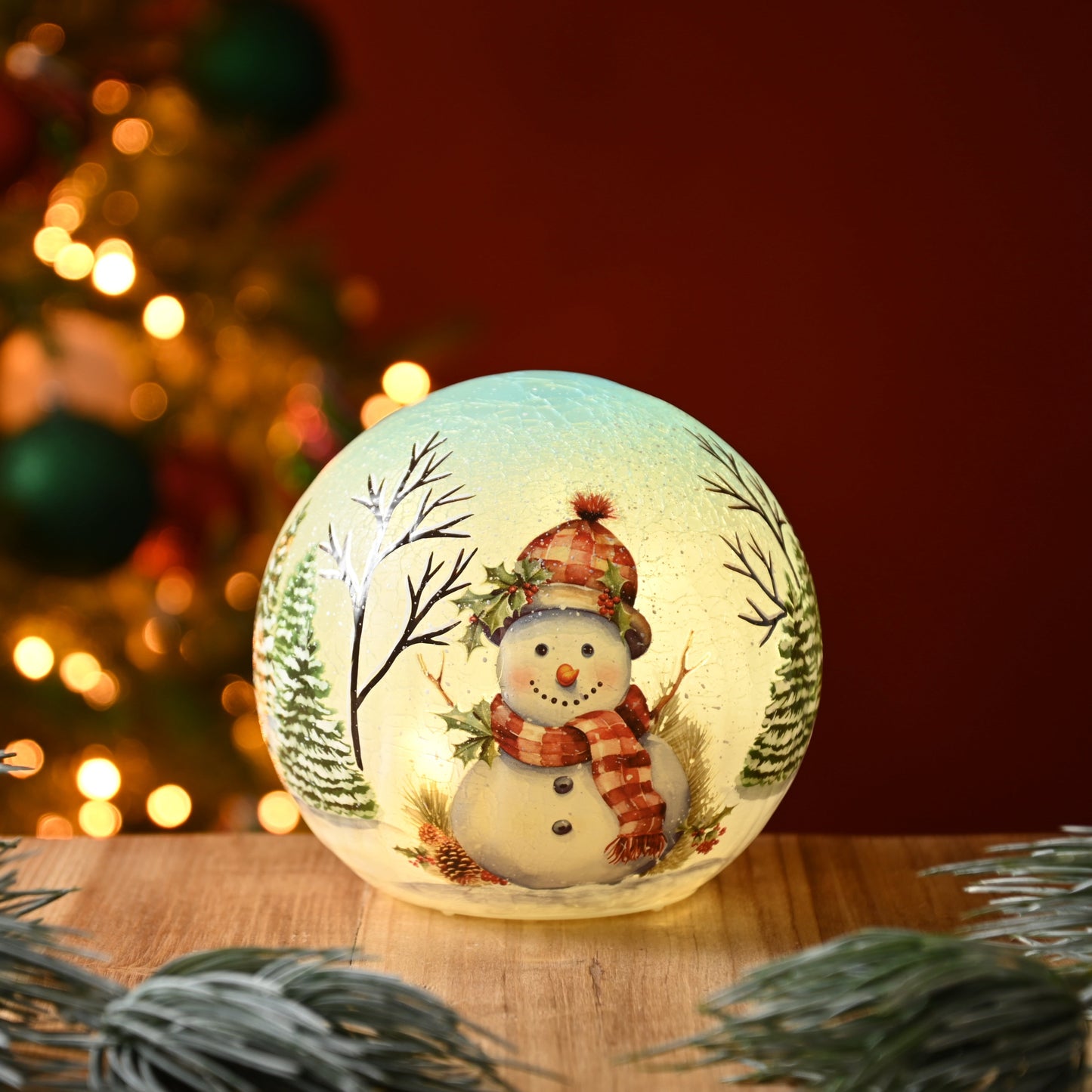 Christmas crackle ball decoration light up with snowman and Christmas trees 