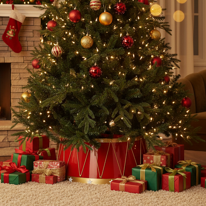 A decorated Christmas tree in a warm living room setting, with red and gold ornaments, glowing string lights, wrapped gift boxes, and a red gift bag underneath. A fireplace and stockings are visible in the background.