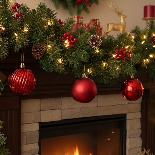 A festive Christmas mantel decorated with green pine garland, warm white string lights, red berry clusters, pinecones, and hanging red ornaments, set above a lit fireplace.