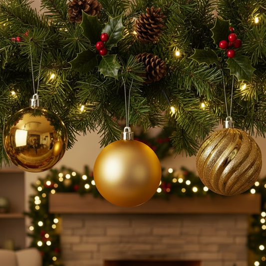 Three gold Christmas tree bauble in gold hanging from a decorated Christmas tree with pinecones, holly, and warm white lights. The background shows a softly blurred fireplace mantel and garland.