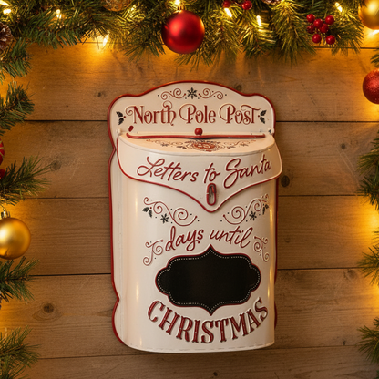 A decorative Christmas wall-mounted letter box labeled 'North Pole Post' with red script text on a white body, shown against a rustic wood background with holiday garland and ornaments.