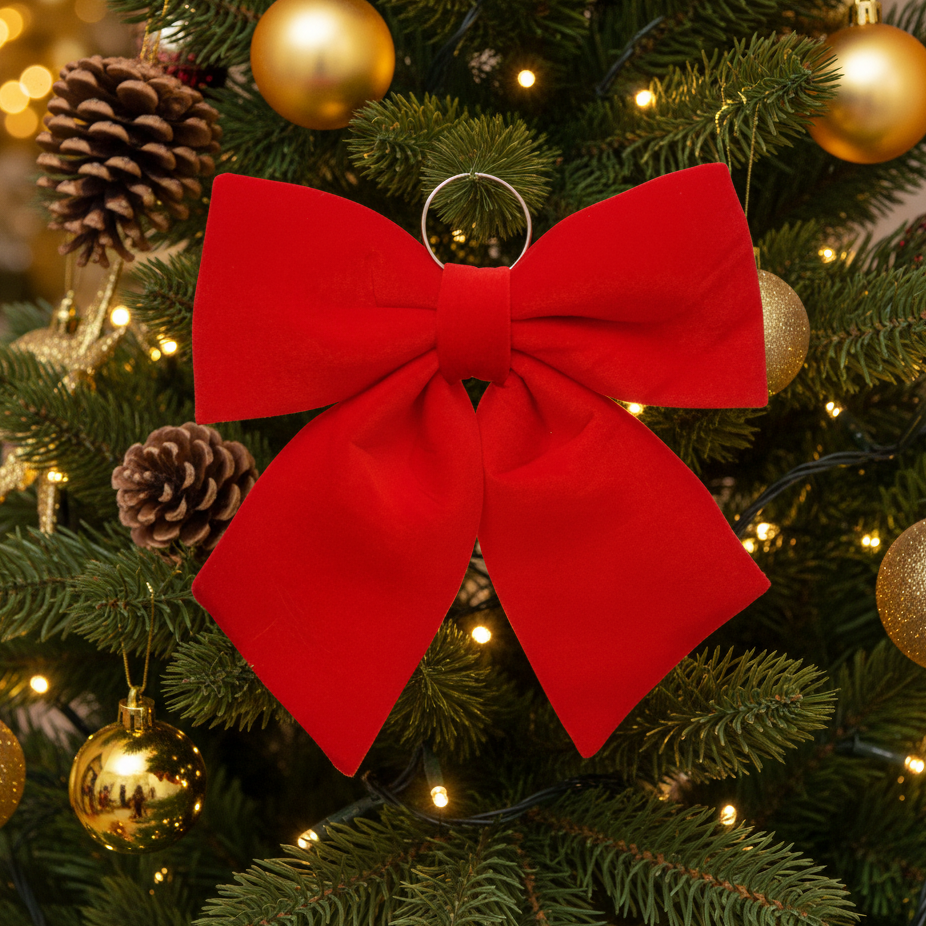A large red fabric Christmas bow ornament with a silver hanging ring, displayed on a decorated Christmas tree with gold ornaments, pinecones, and warm string lights.