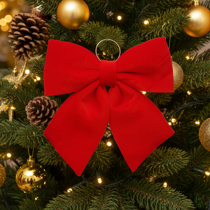 A large red fabric Christmas bow ornament with a silver hanging ring, displayed on a decorated Christmas tree with gold ornaments, pinecones, and warm string lights.