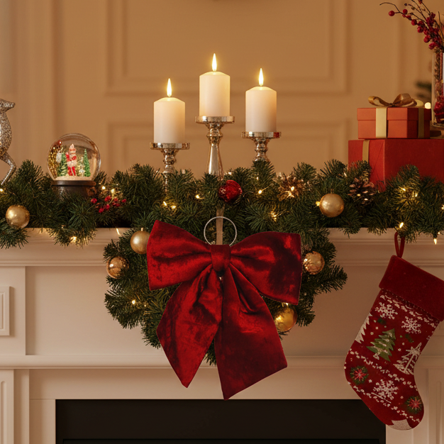 A festive Christmas mantel decorated with a green garland, a large red bow, three lit white candles, gold ornaments, a silver deer figurine, wrapped gifts, and a red holiday stocking hanging from the white fireplace.