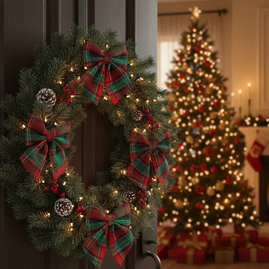 A green Christmas wreath with red and green plaid bows, pinecones, and warm white string lights hanging on a dark wooden door, with a blurred decorated Christmas tree in the background.