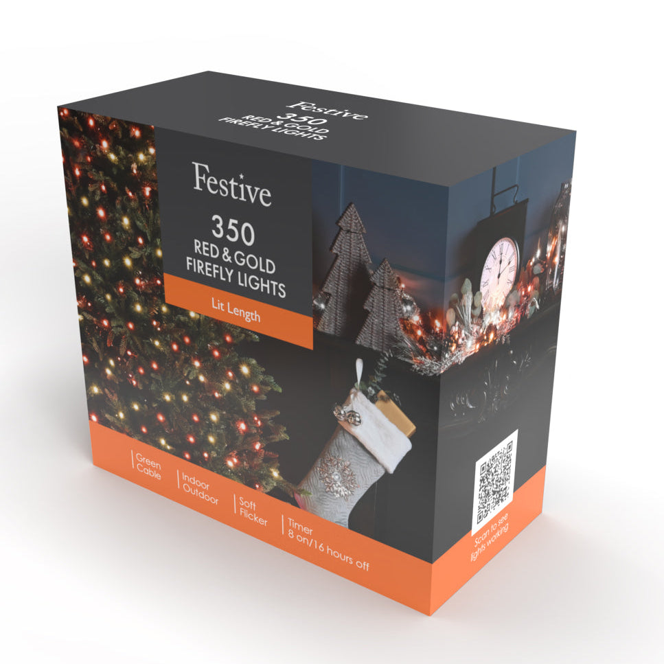 A boxed holiday light set photographed on a clean white studio background. The package is predominantly black with orange bands and holiday-themed printed photos of a decorated tree, string lights, a Christmas tree, and a stocking.