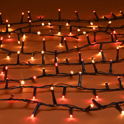 Grid of Christmas lights on a brown background
