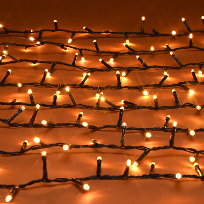 String lights on a mesh background with warm glow