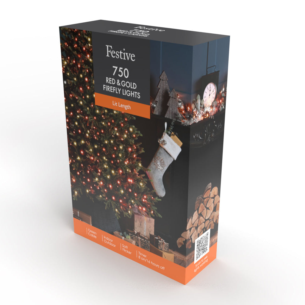 A boxed holiday firefly light set labelled 'Festive 750 Red & Gold Firefly Lights shown standing upright on a white studio background. The package features a Christmas tree with glowing lights, a hanging stocking, and warm festive imagery.
