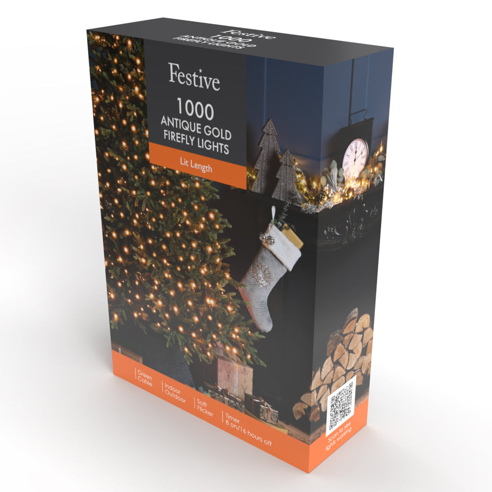 A retail box of Festive 1000 Antique Gold Firefly Lights, featuring a dark design with holiday imagery of a decorated Christmas tree, stockings, and a clock, set against a clean white background.