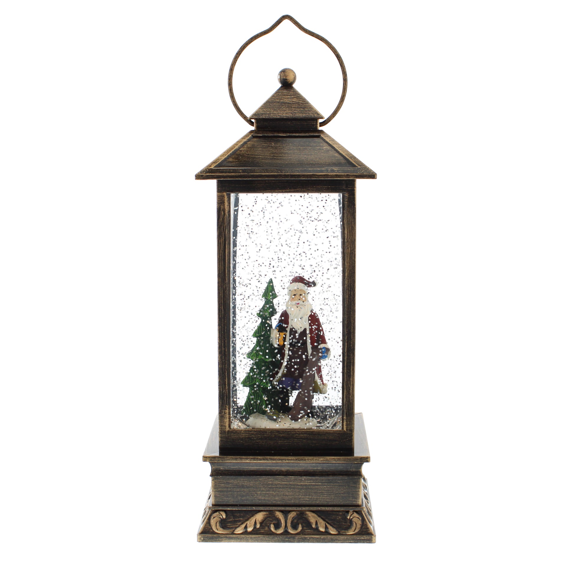 A rustic dark bronze lantern Christmas decoration featuring a Santa Claus figurine inside a clear glass snow globe with falling snow and a small green tree, set against a plain white background.