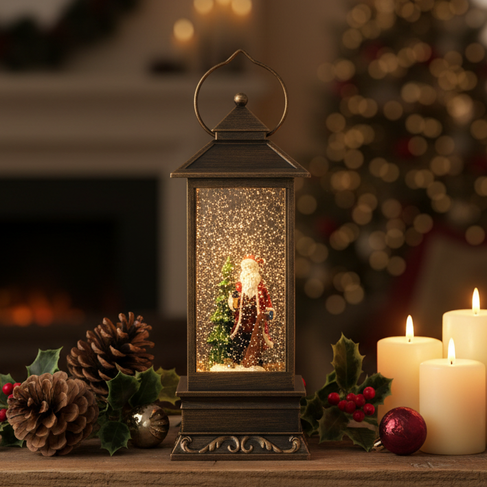 A decorative black metal lantern with a Santa Claus snow globe inside, styled on a wooden surface with candles, pinecones, holly, and a blurred Christmas tree in the background.