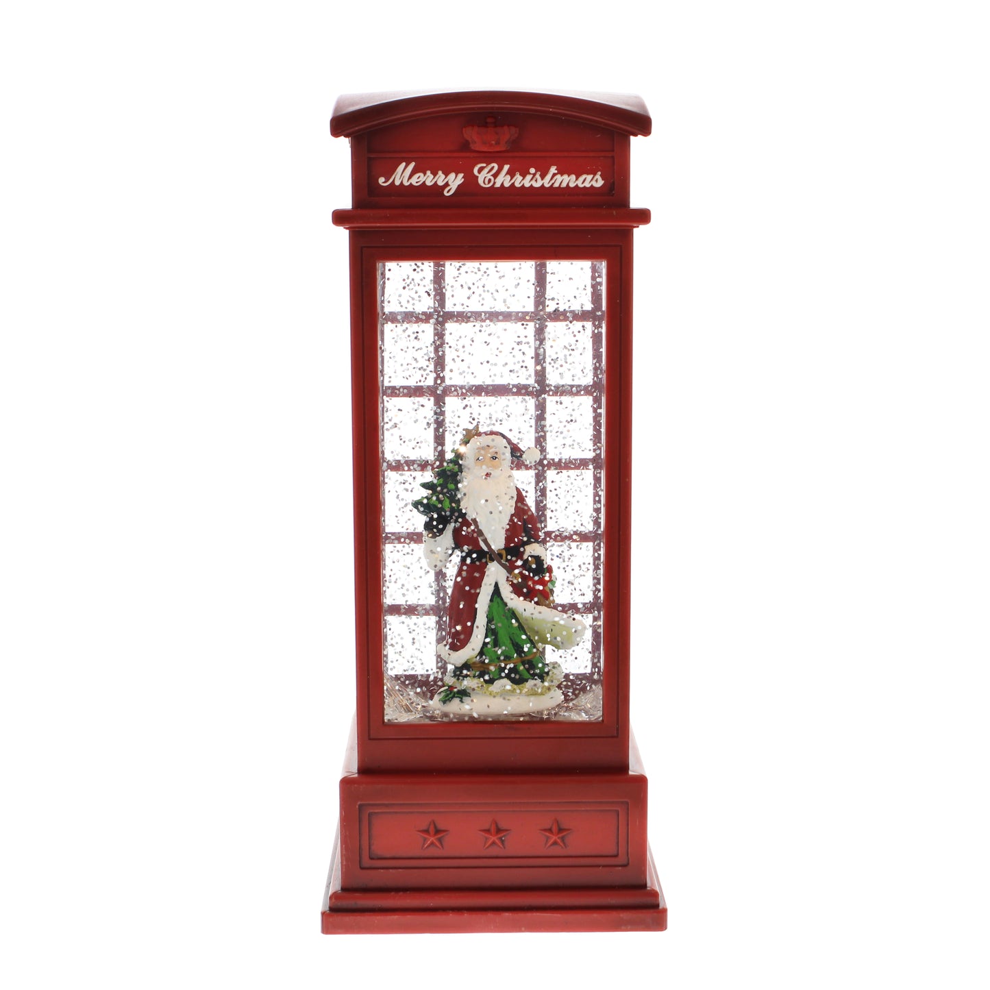 A Christmas-themed red telephone booth decoration with a glittery window, featuring a Santa Claus figurine holding a small tree inside. The top of the booth has 'Merry Christmas' written in white script.