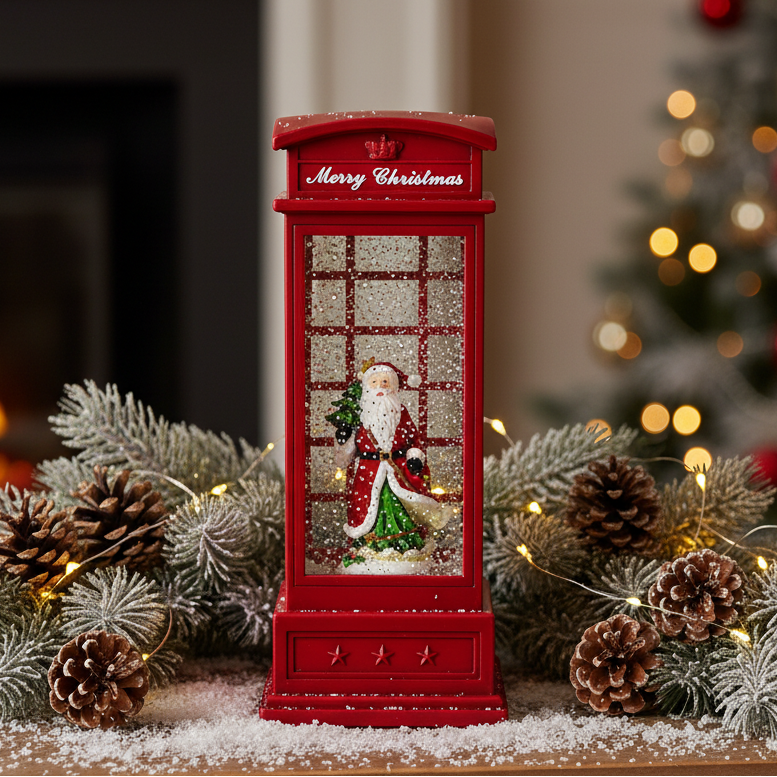 A red telephone booth-shaped Christmas ornament with a Santa Claus figure inside, surrounded by pinecones, frosted greenery, and warm string lights in a festive holiday setting.