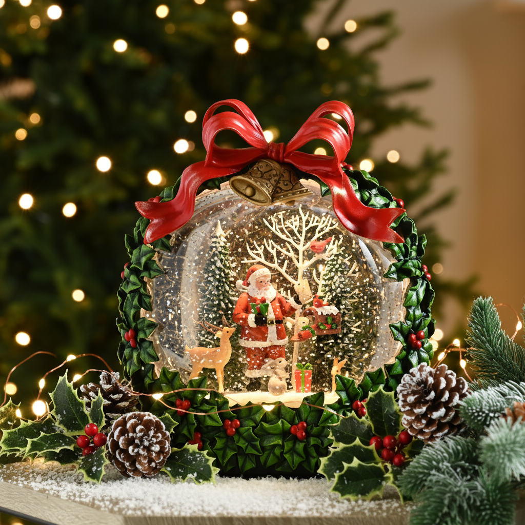 A festive Christmas snow globe ornament displayed on a tabletop with a blurred Christmas tree and warm string lights in the background. The ornament features a green wreath frame, a large red bow, gold bells, holly leaves, pinecones, and a miniature Santa Claus scene inside a clear globe with falling snow.