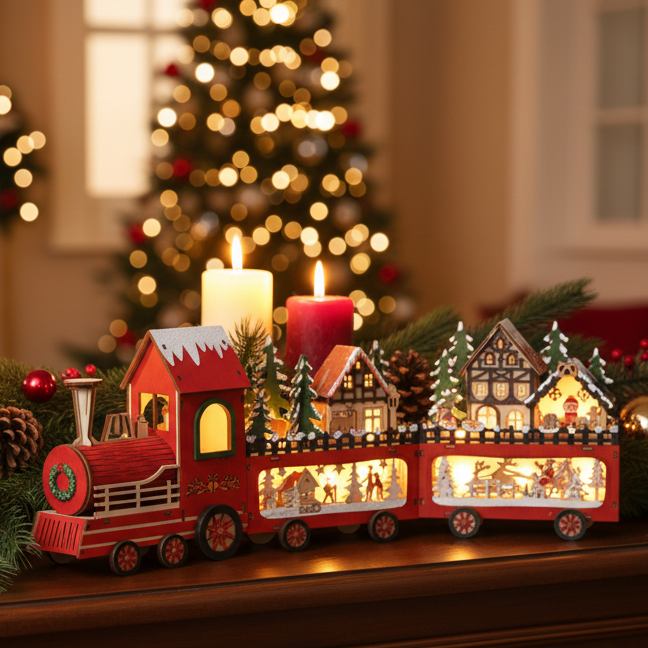 A red Christmas train-shaped decorative table light with illuminated house carriages and small holiday figures, displayed on a wooden surface with lit candles and a blurred Christmas tree in the background.