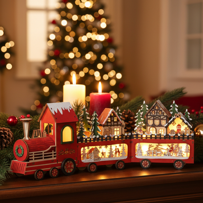 A red Christmas train-shaped decorative table light with illuminated house carriages and small holiday figures, displayed on a wooden surface with lit candles and a blurred Christmas tree in the background.