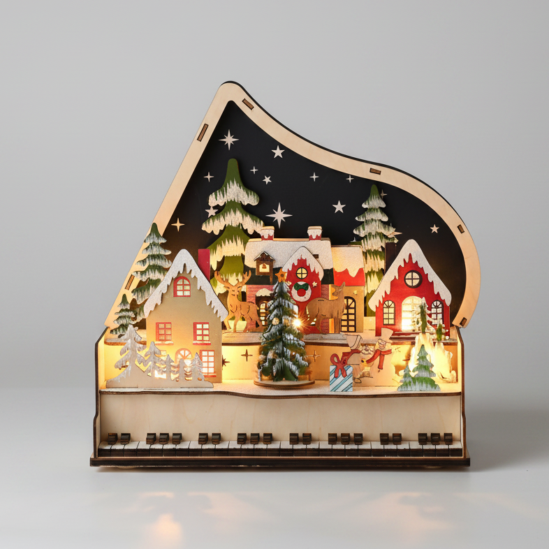 A miniature wooden grand piano Christmas village figurine with illuminated interior, featuring tiny houses, trees, stars, and a piano keyboard, set against a neutral gray background.