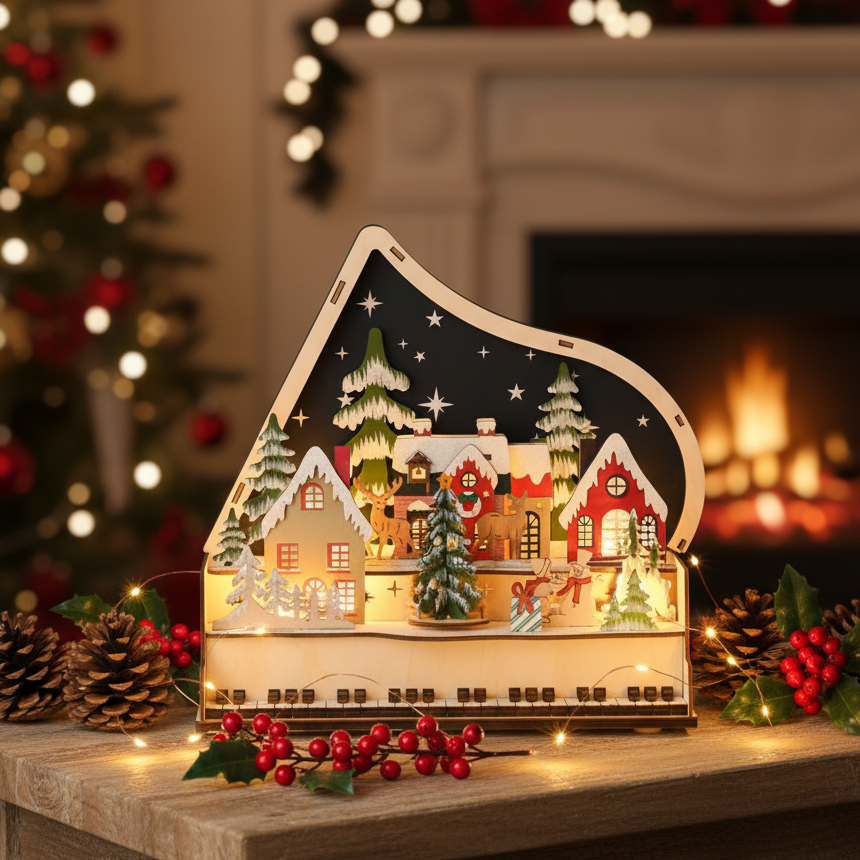 A decorative grand piano-shaped Christmas village light box sits on a wooden mantel in a cozy living room. The illuminated display features small houses, trees, and ornaments under a starry night sky, with warm fairy lights and pinecones around it.