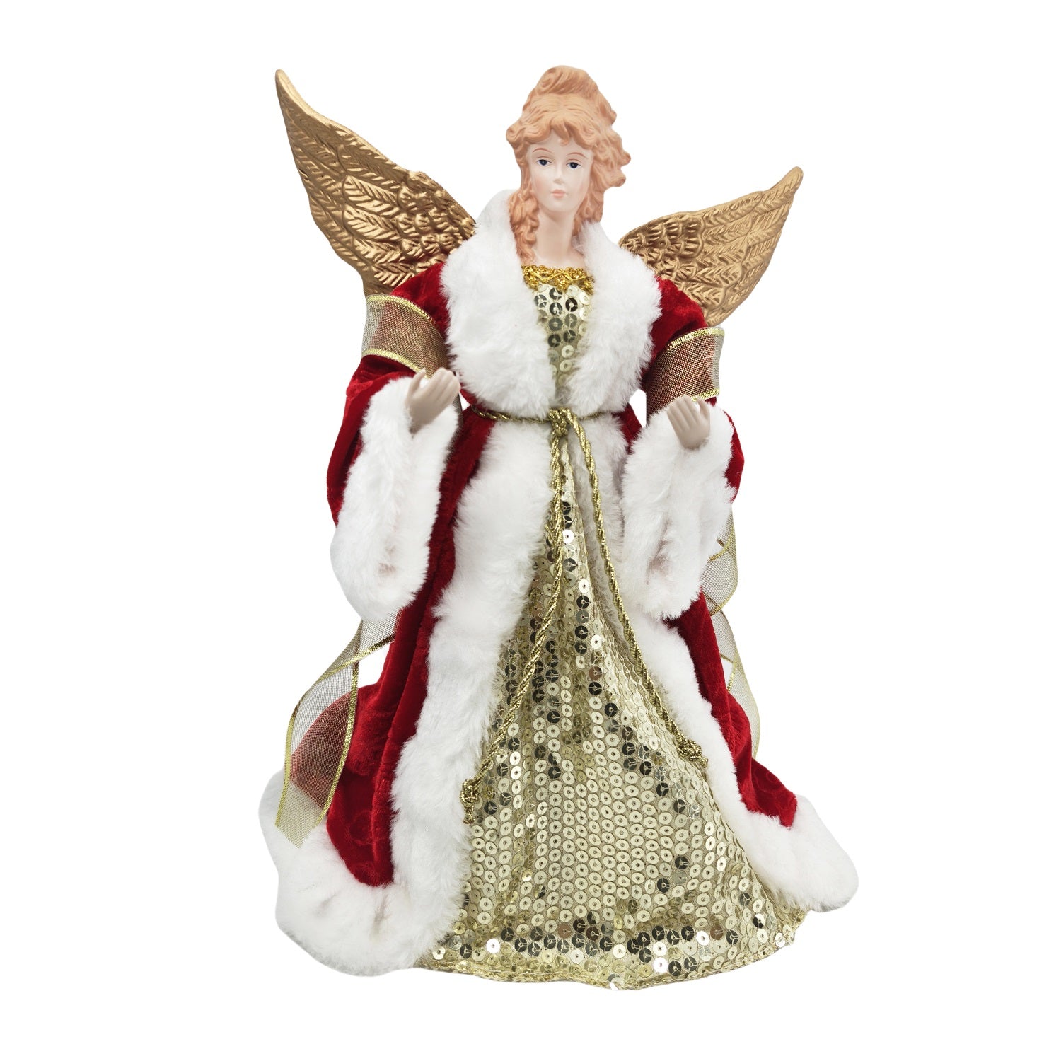 An angel Christmas tree ornament featuring a figure with red and white fur-trimmed dress, gold sequined gown, and gold wings, shown on a plain white background.