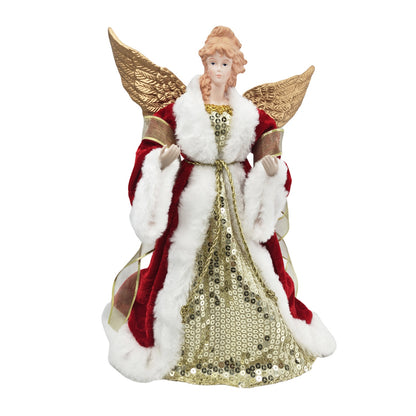 An angel Christmas tree ornament featuring a figure with red and white fur-trimmed dress, gold sequined gown, and gold wings, shown on a plain white background.