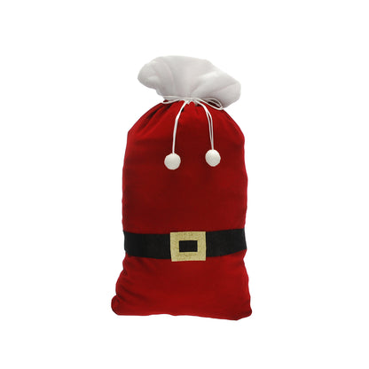 A red Santa Claus-themed gift sack with a white drawstring top, white pom-poms, a black belt, and a gold buckle, shown on a plain white background.