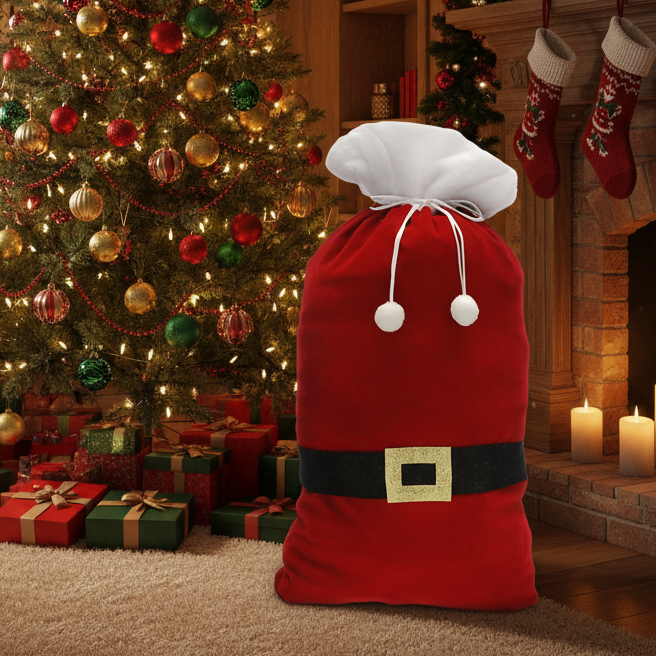 A red Santa Claus sack with a white hat and black belt stands in a cozy holiday living room next to a decorated Christmas tree and wrapped gifts.