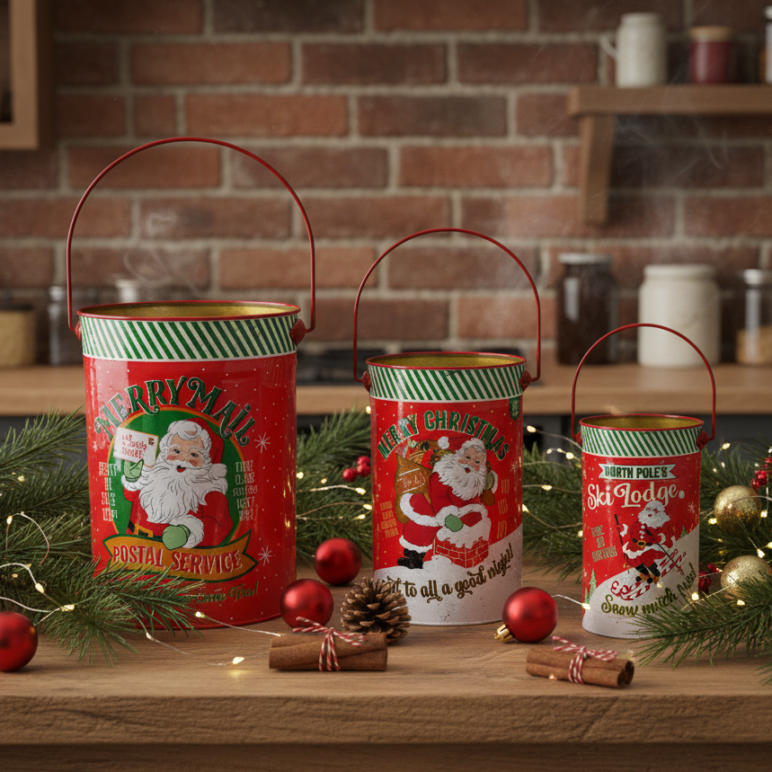 Three vintage-style Christmas tin canisters with wire handles are arranged on a wooden table in a holiday kitchen setting. The canisters feature festive red, green, and white designs with Santa illustrations and text including 'Merry Mail Postal Service,' 'Merry Christmas,' and 'Santa.