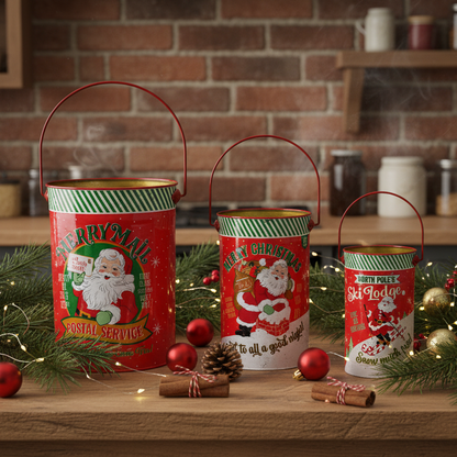Three vintage-style Christmas tin canisters with wire handles are arranged on a wooden table in a holiday kitchen setting. The canisters feature festive red, green, and white designs with Santa illustrations and text including 'Merry Mail Postal Service,' 'Merry Christmas,' and 'Santa.