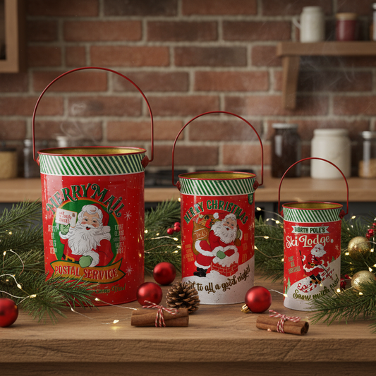 Three vintage-style Christmas tin canisters with wire handles are arranged on a wooden table in a holiday kitchen setting. The canisters feature festive red, green, and white designs with Santa illustrations and text including 'Merry Mail Postal Service,' 'Merry Christmas,' and 'Santa.