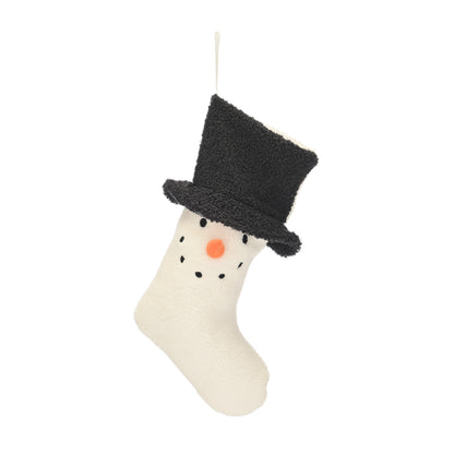 A plush snowman stocking ornament with a black felt top hat, white body, embroidered black facial features, and a small orange nose, shown against a plain white background.