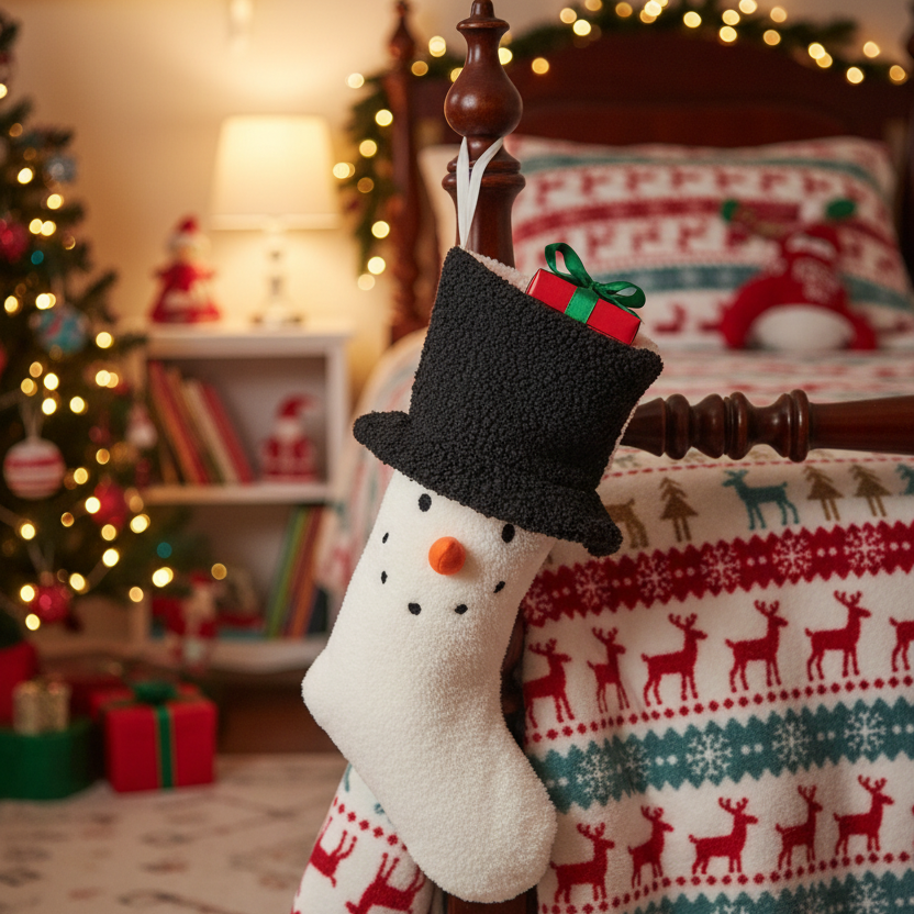 Snowman Christmas Stocking with Black Top Hat