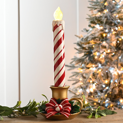 Large Red and White Christmas LED Candle Stick with Gold Holder