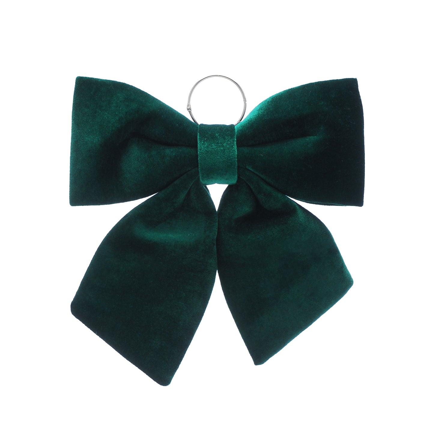 A dark green velvet bow with a silver metal hanging ring at the center, shown against a plain white background.