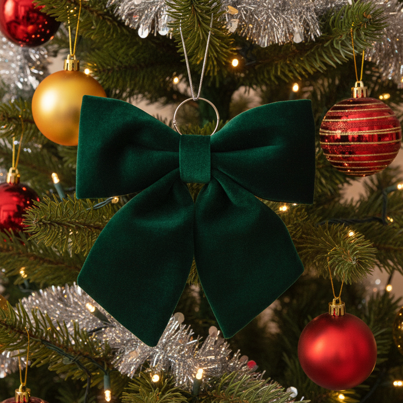 A dark green velvet Christmas bow ornament hanging on a decorated Christmas tree with red, gold, and silver ornaments.