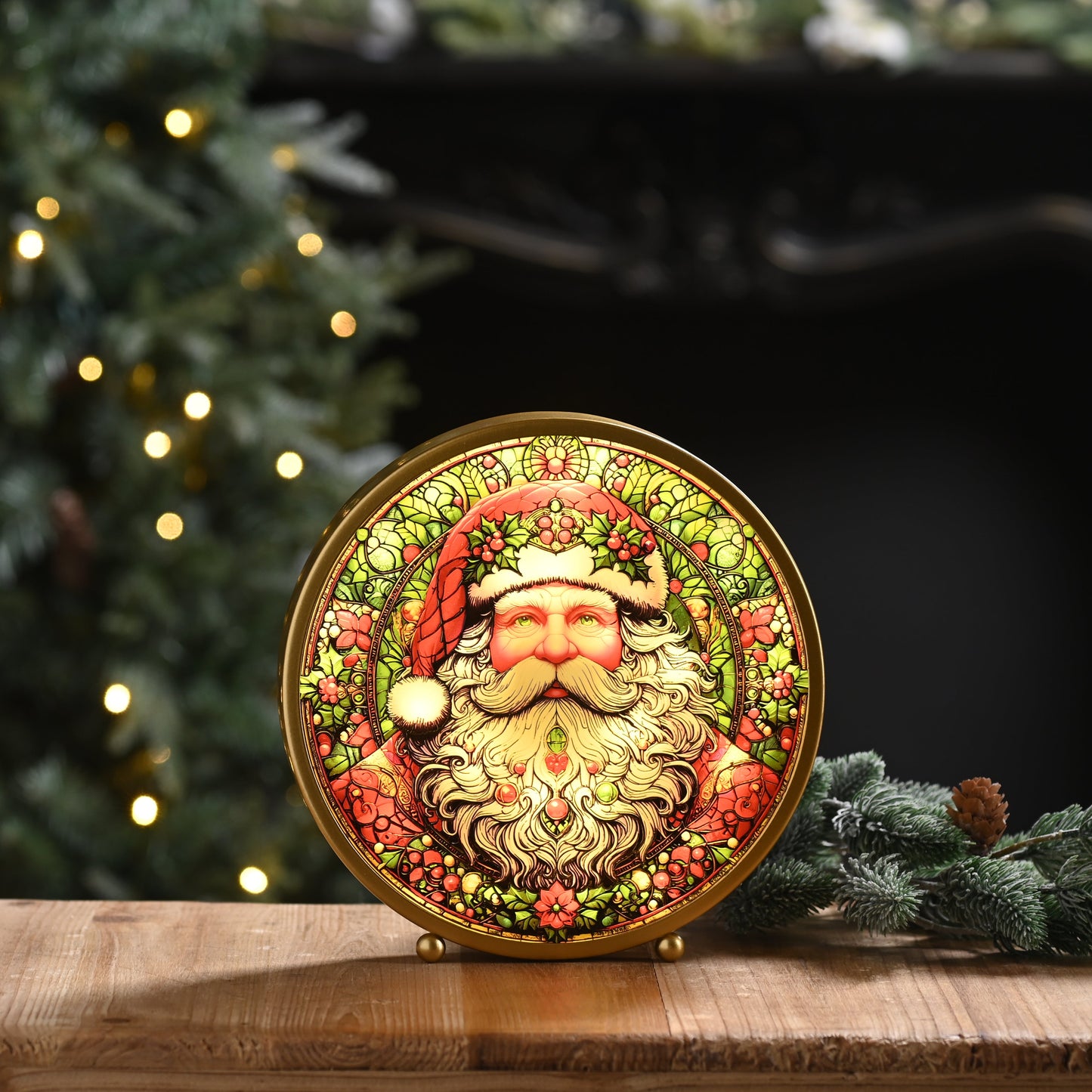 Round Stained Glass with Santa Table Top Decoration